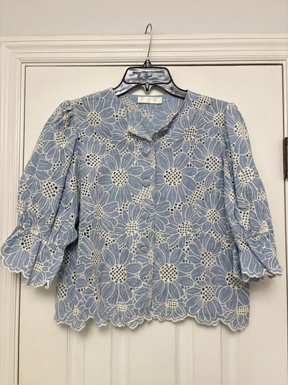 Vita Grace Blue Floral Embroidered Eyelet Cotton Puff Sleeve Blouse Top Size L - Picture 3 of 7